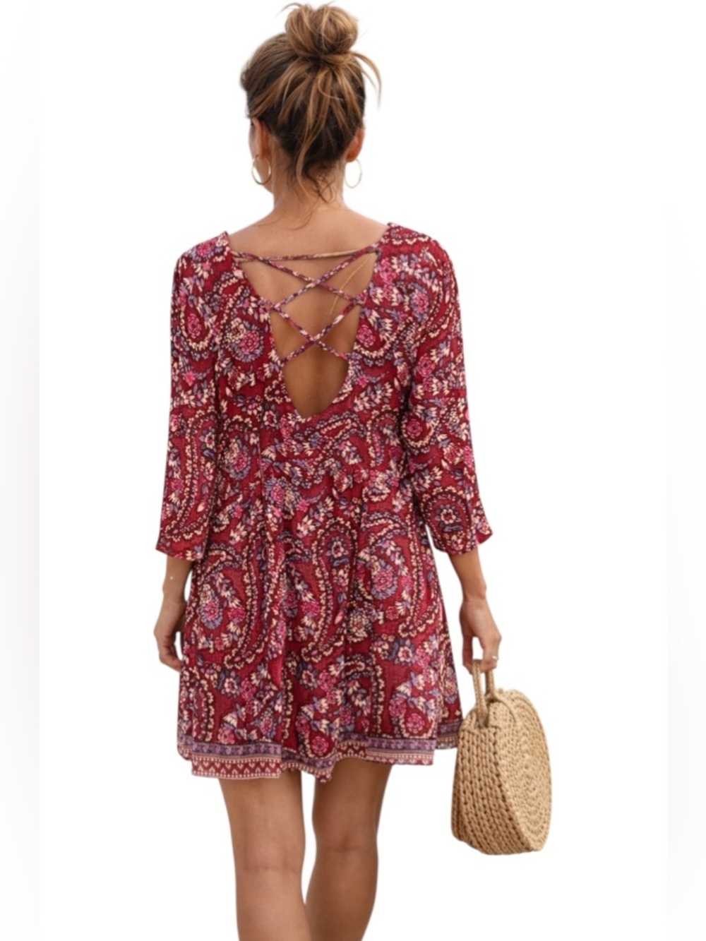 Hollister Boho Paisley Knee Length Dress 3/4 Sleeve Cross Strap Back Burgundy